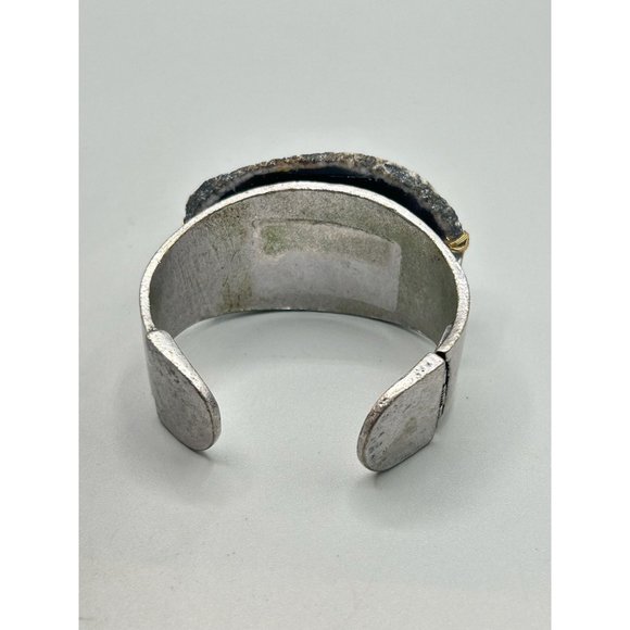 Unusual Black Stone Slab Cuff Bracelet Silver Tone Hinged Side Statement Cuff - Picture 5 of 11